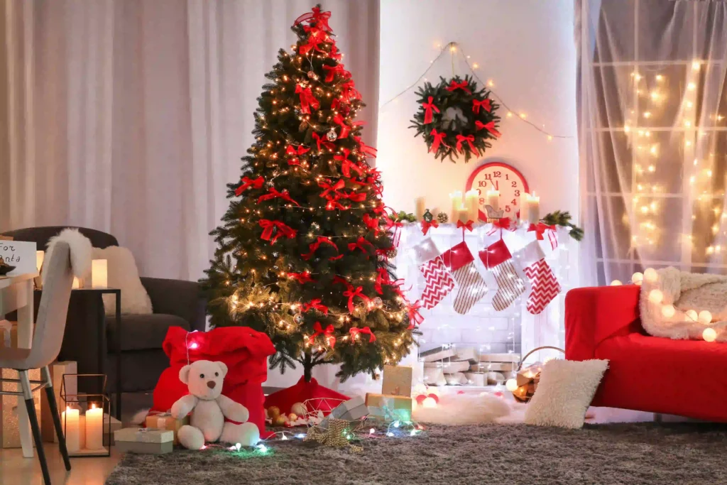Christmas Tree Skirt Ideas cozy living room with faux-fur skirt under decorated tree