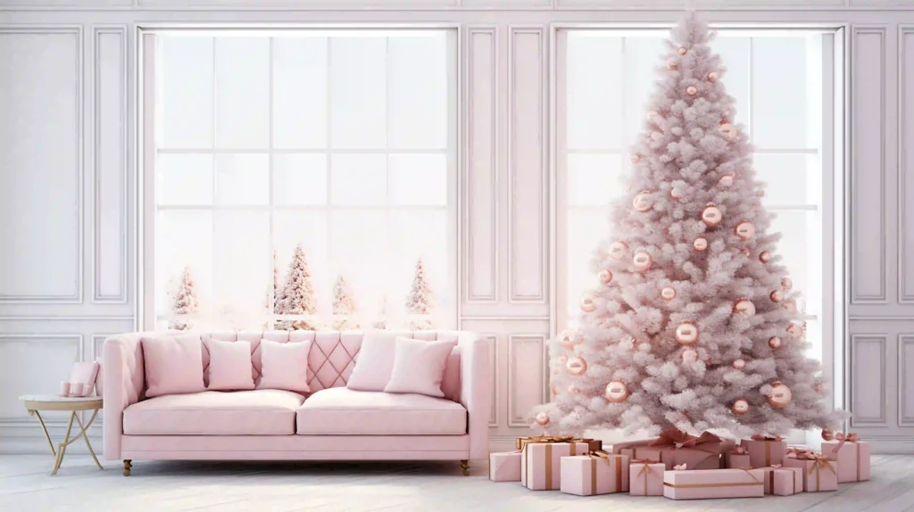 White Christmas Tree Decorating Ideas with gold and blush pink ornaments in modern living room