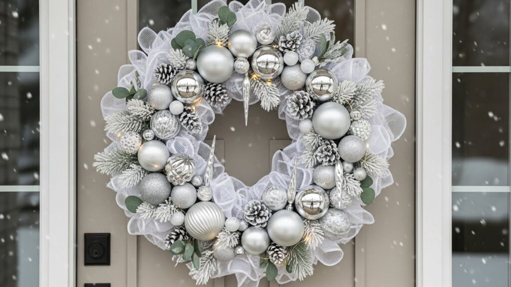 White Christmas Wreath Ideas front door decor with snowy mesh and silver ornaments