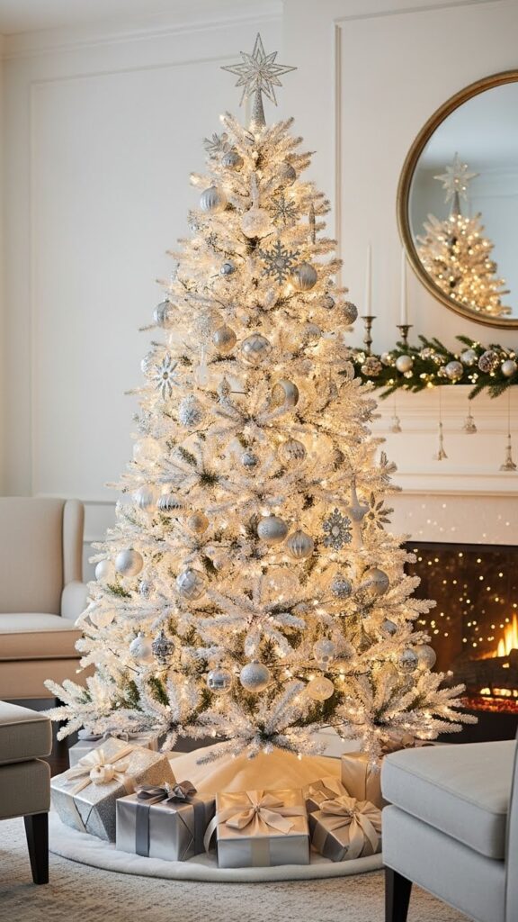 Trending white Christmas tree decorating ideas 2025 with gold and champagne ornaments.