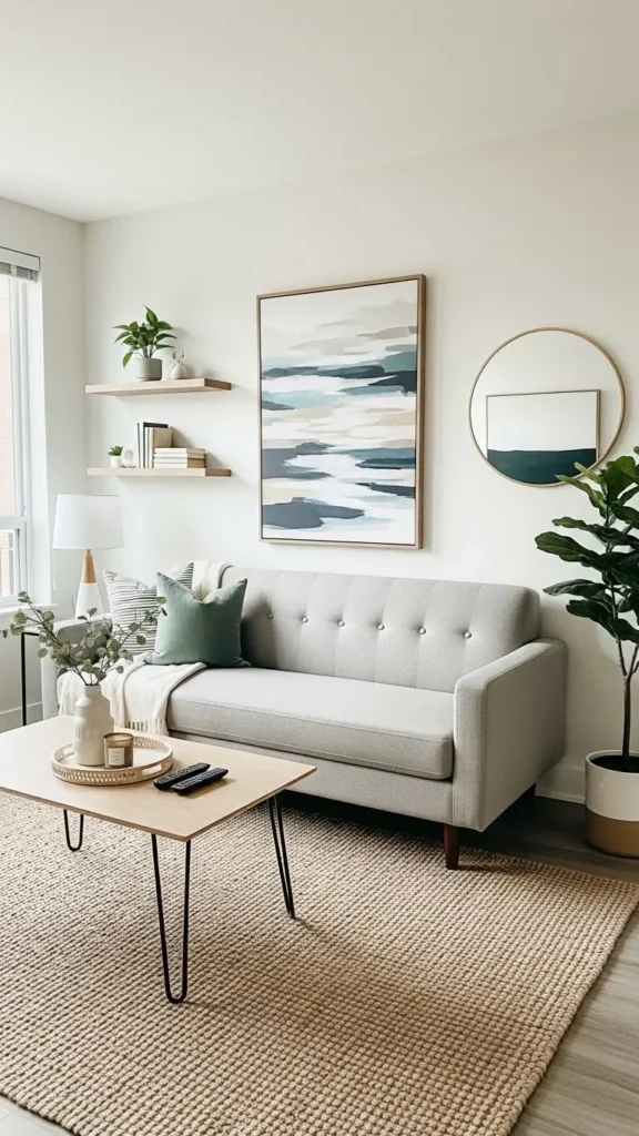 Apartment Living Room Ideas with wall decor and floating shelves