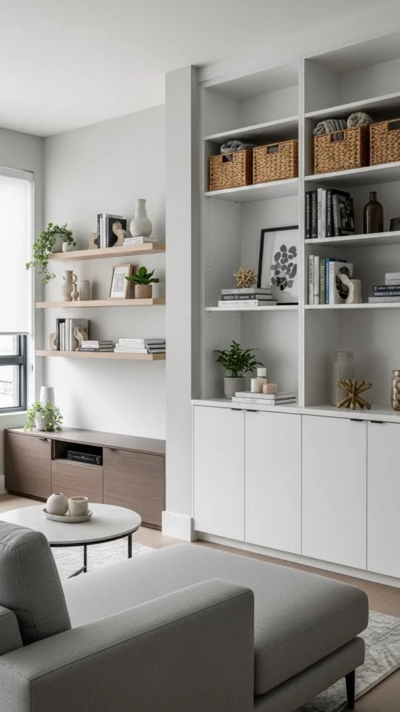 Apartment Living Room Ideas featuring stylish storage solutions