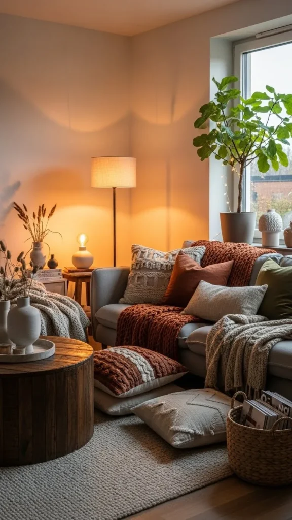 Apartment Living Room Ideas with cozy decor, warm lighting, and soft textures