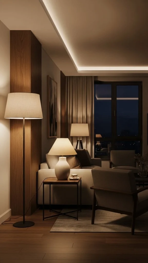 Apartment Living Room Ideas with layered lighting and warm ambiance