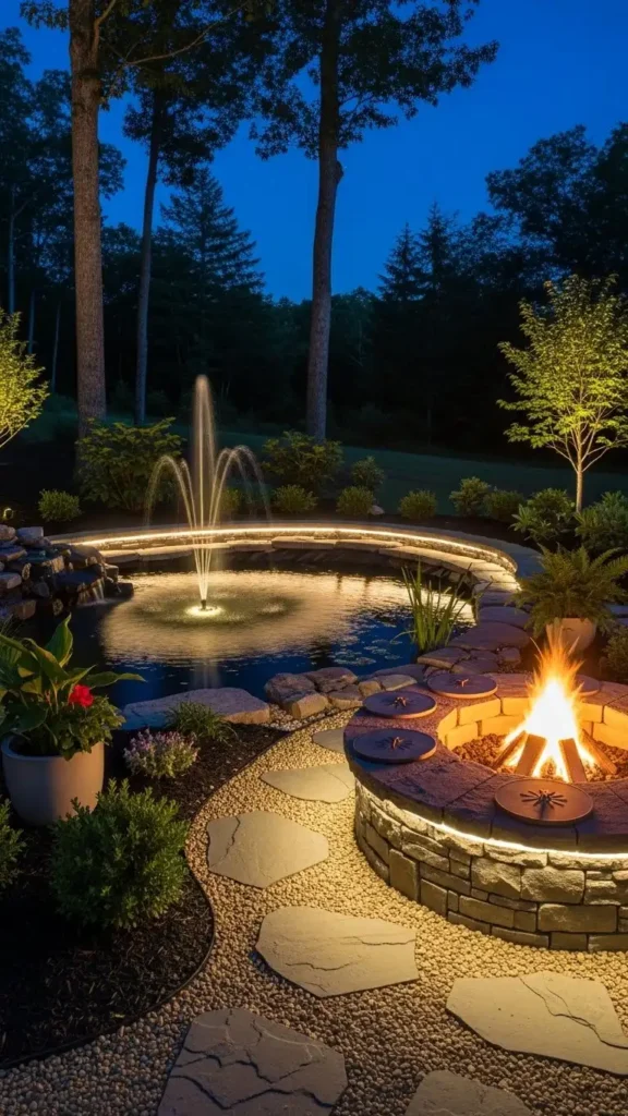 Backyard Landscaping Designs with Water Feature and Fire Pit
