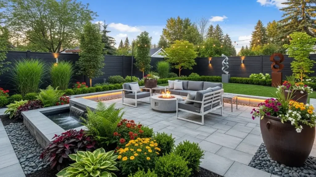 Backyard Landscaping Designs with Modern Patio and Lush Greenery