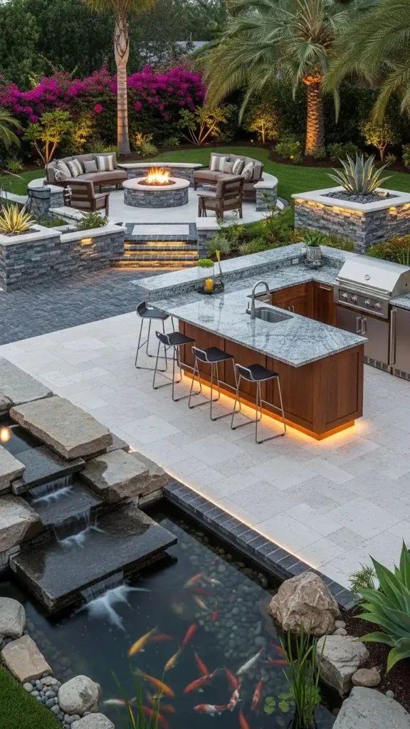 Luxury Backyard Landscaping Ideas with Outdoor Kitchen and Fire Pit