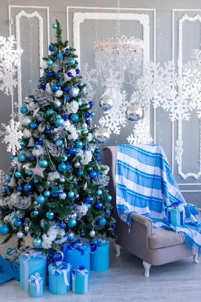 Blue And Silver Christmas Tree With Coordinated Gifts