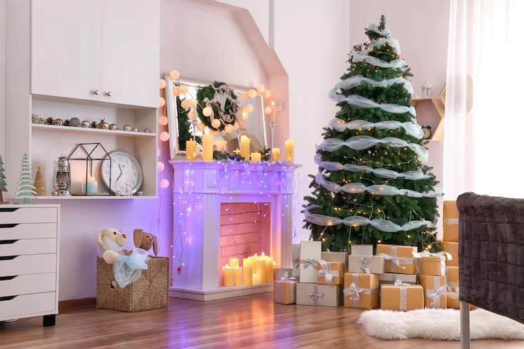 Christmas Tree Light Ideas with warm fairy lights in cozy living room