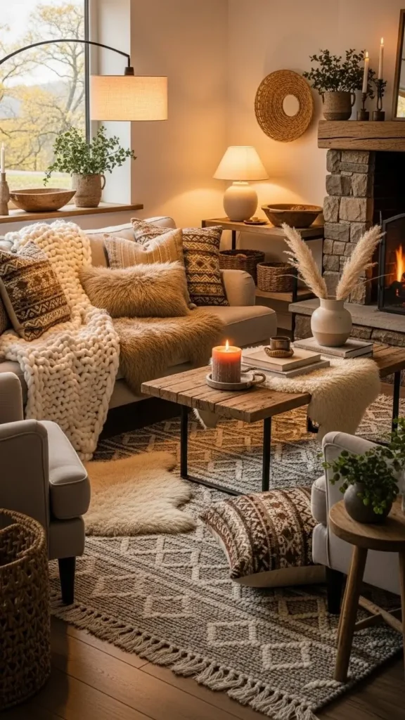Cozy Living Room Ideas with layered textiles, soft rugs, and plush cushions