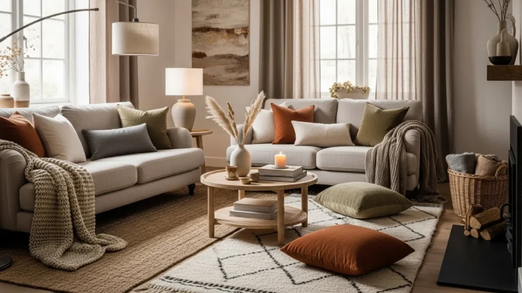 Cozy Living Room Ideas with plush sofas, layered rugs, and warm lighting