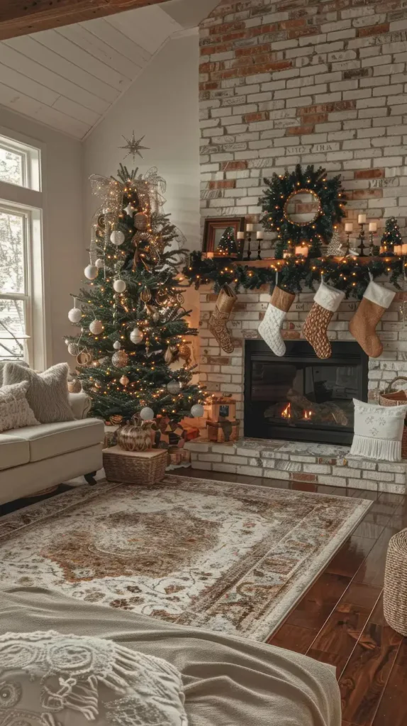 Fall Christmas Tree Ideas with rustic farmhouse charm, burlap ribbons, wooden ornaments, and pumpkins