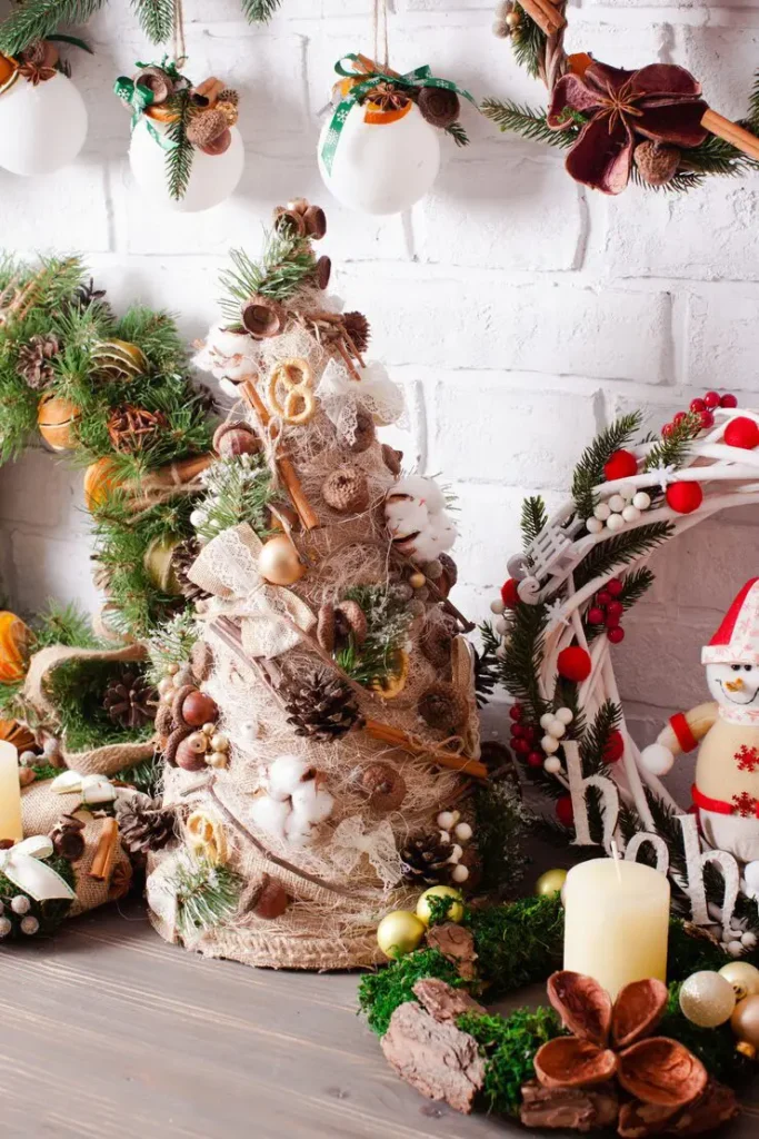 Fall Christmas Tree Ideas with natural textures, pampas grass, wheat, berries, and pumpkins