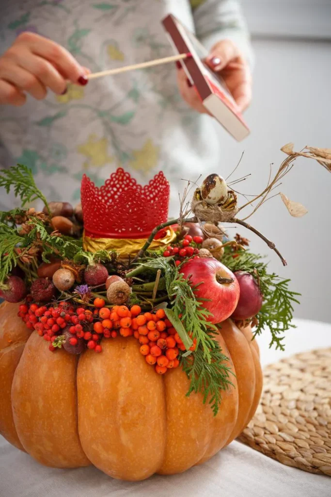 Fall Christmas Tree Ideas blending autumn décor with winter elements, pumpkins, and frosted ornaments