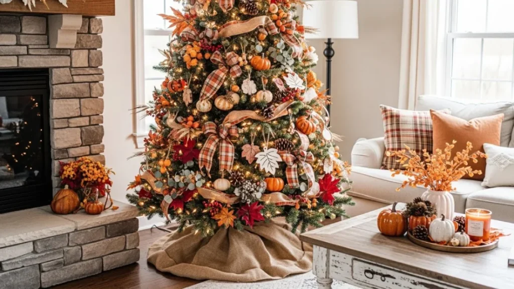Fall Christmas Tree Ideas with pumpkins, plaid ribbons, amber lights, and autumn decor
