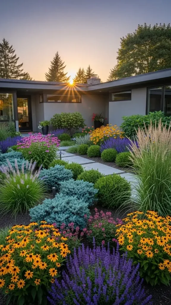 Front House Landscaping Ideas with seasonal blooms and greenery