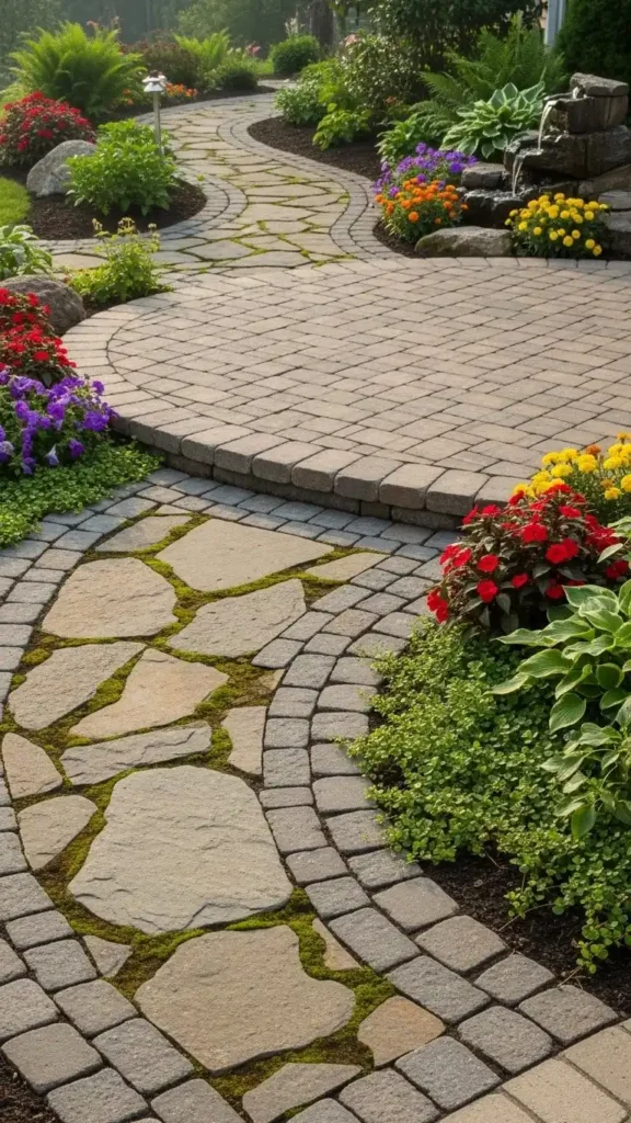 Front House Landscaping Ideas with stone walkway and decorative edging