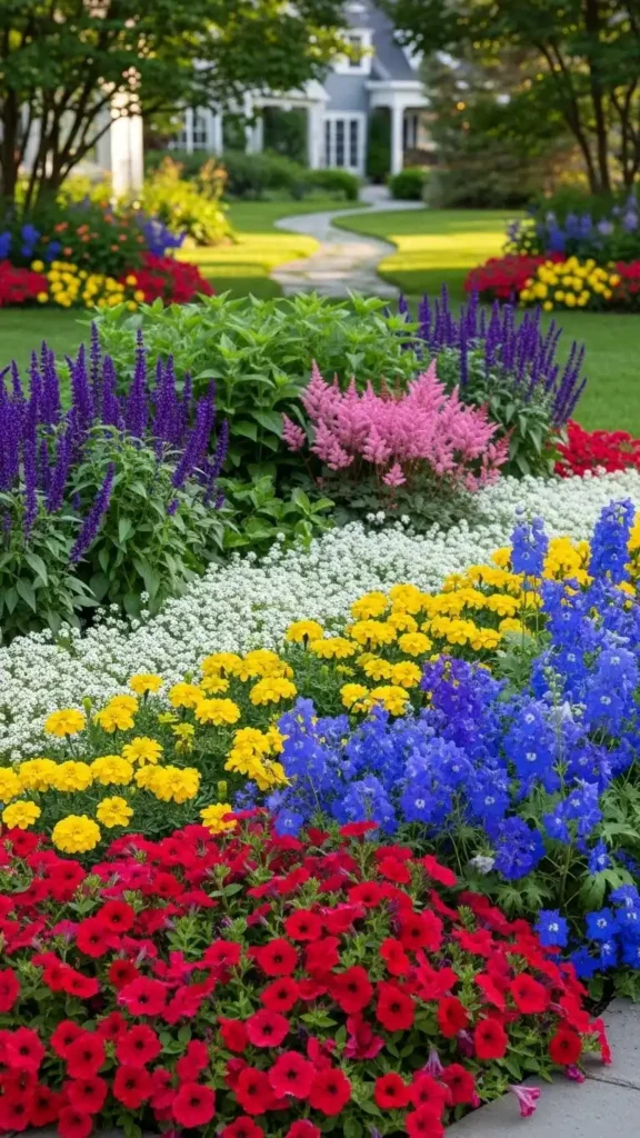 Front House Landscaping Ideas with colorful seasonal flower beds