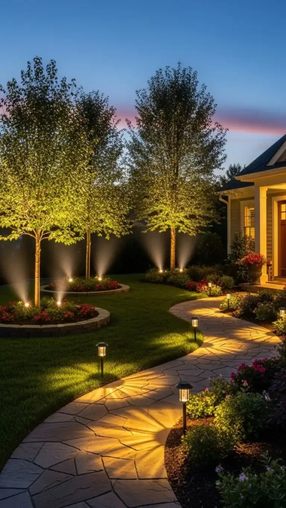 Front House Landscaping Ideas with nighttime garden lighting
