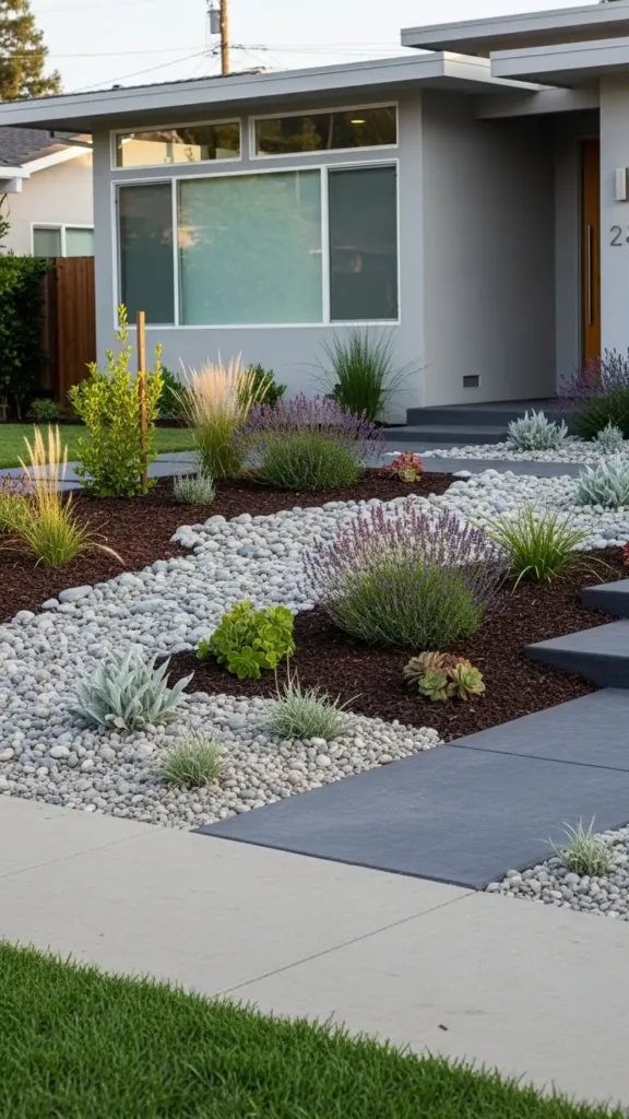 Low-maintenance Front Yard Landscaping Ideas with gravel and plants