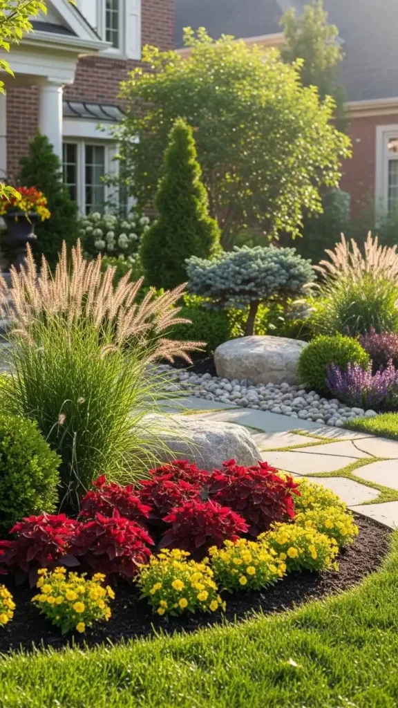 Front Yard Landscaping Ideas using color texture and height