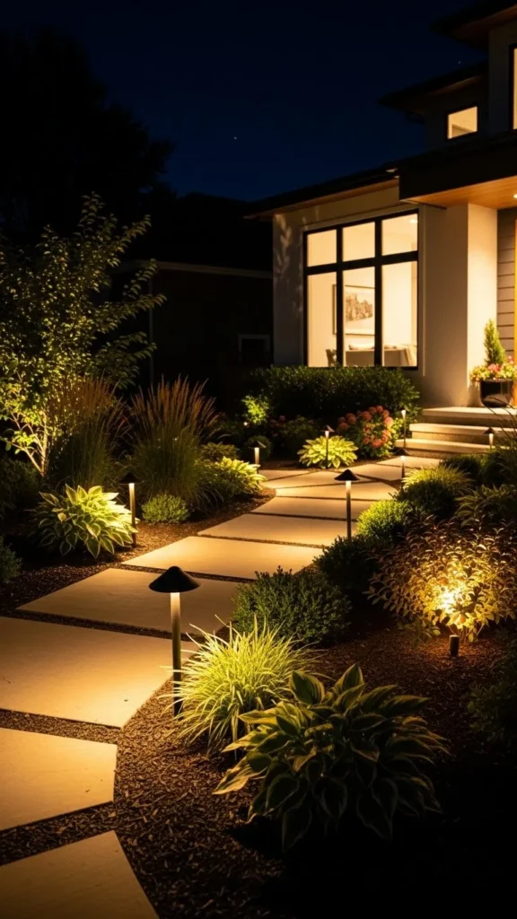 Front Yard Landscaping Ideas with outdoor lighting at night