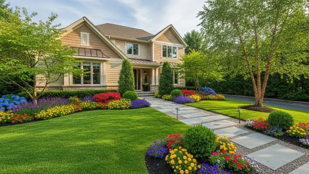 Front Yard Landscaping Ideas featuring a stylish front yard with lush lawn, flowers, and modern pathway