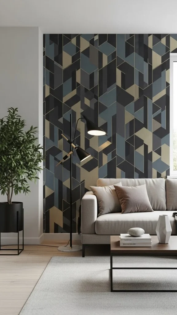 Living Room Accent Wall Ideas with geometric wallpaper