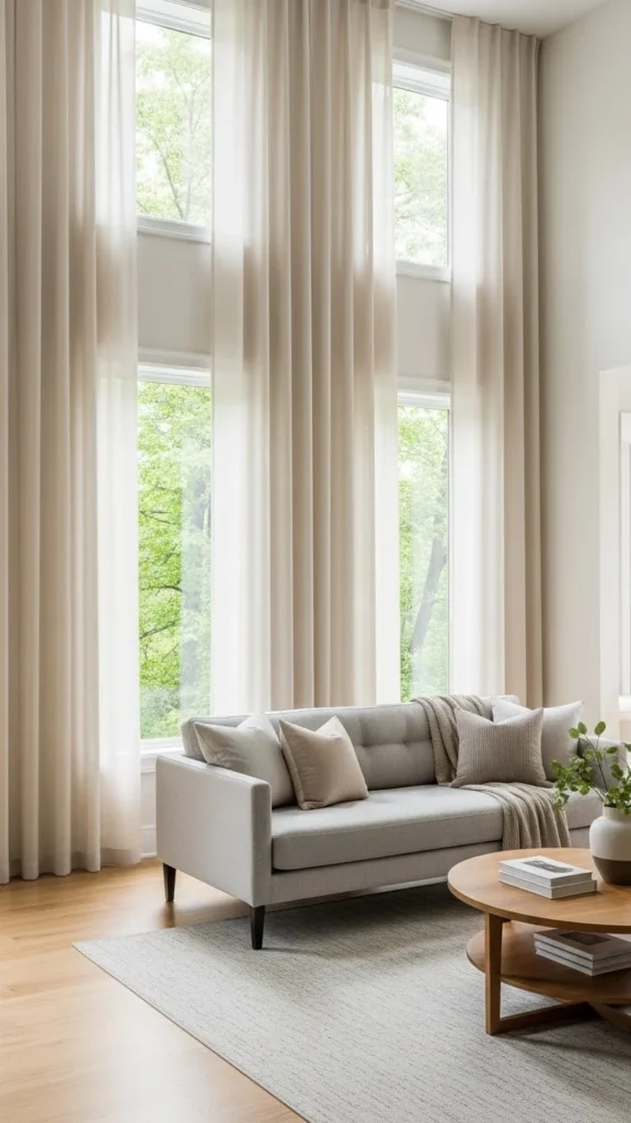 Living Room Curtain Ideas with floor-to-ceiling curtains for height