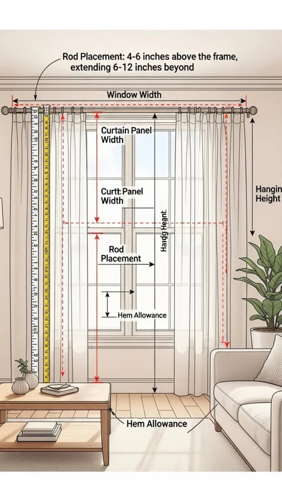 Living Room Curtain Ideas with correct curtain measuring and hanging tips
