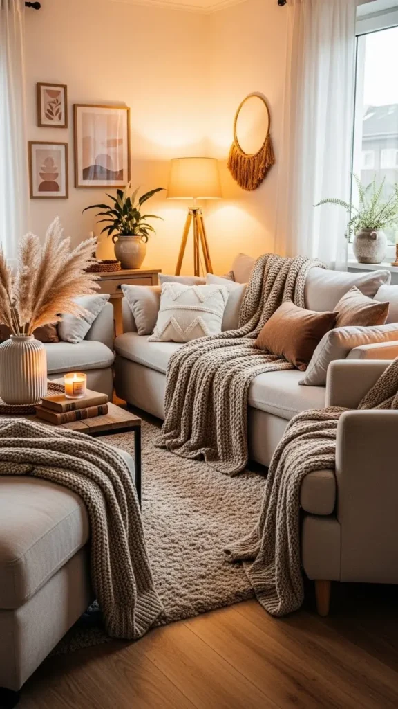 Living Room Design Ideas focused on comfort with plush sofas and cozy accents