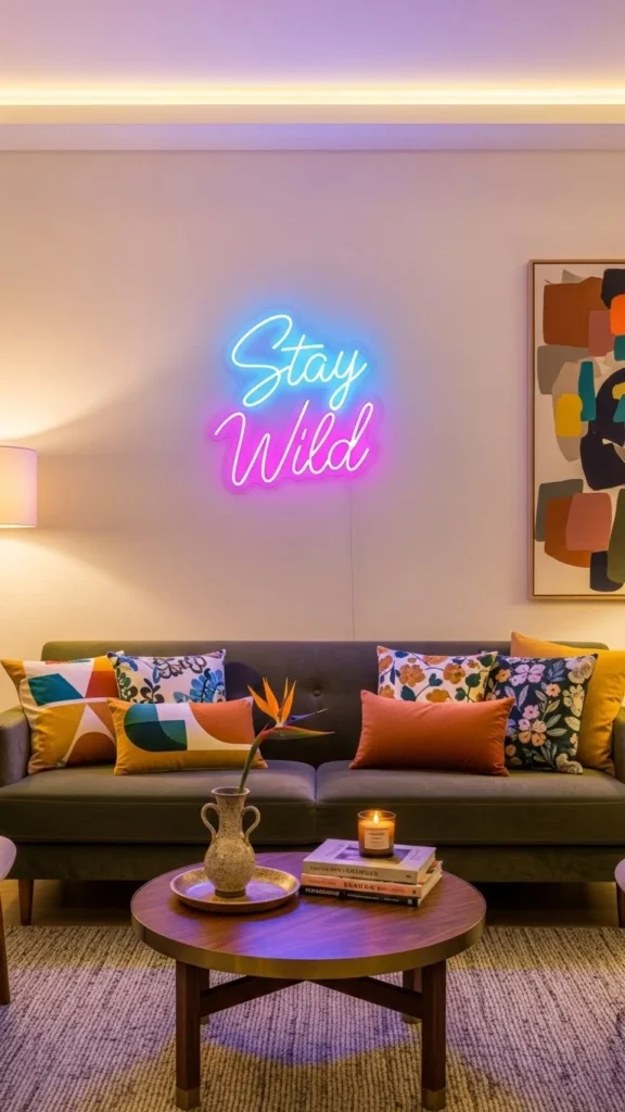 Living Room Wall Decor Ideas neon wall sign above sofa