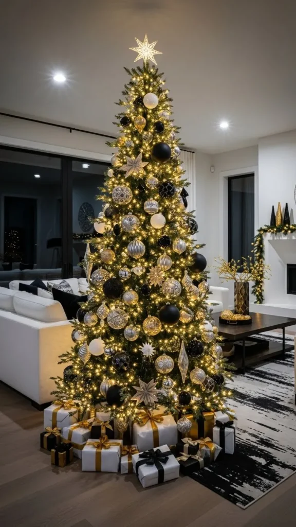 Modern Christmas Tree Ideas with black and gold decor