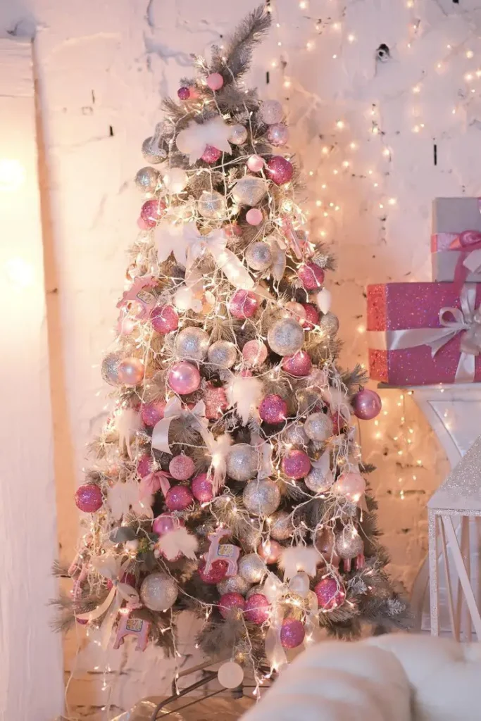 Luxury Pink Christmas Tree Ideas with velvet, pearls, and crystal ornaments