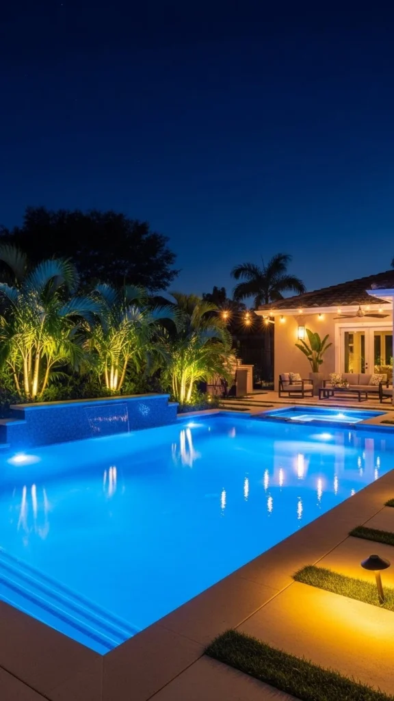 Pool Landscaping Ideas with outdoor pool lighting