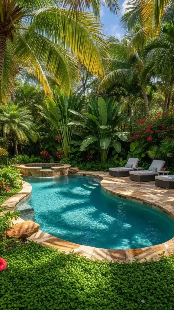 Pool Landscaping Ideas with tropical plants and resort-style pool