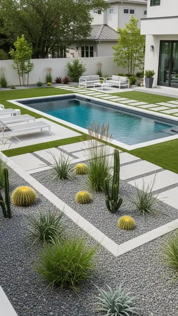 Pool Landscaping Ideas with low-maintenance plants and stone paving