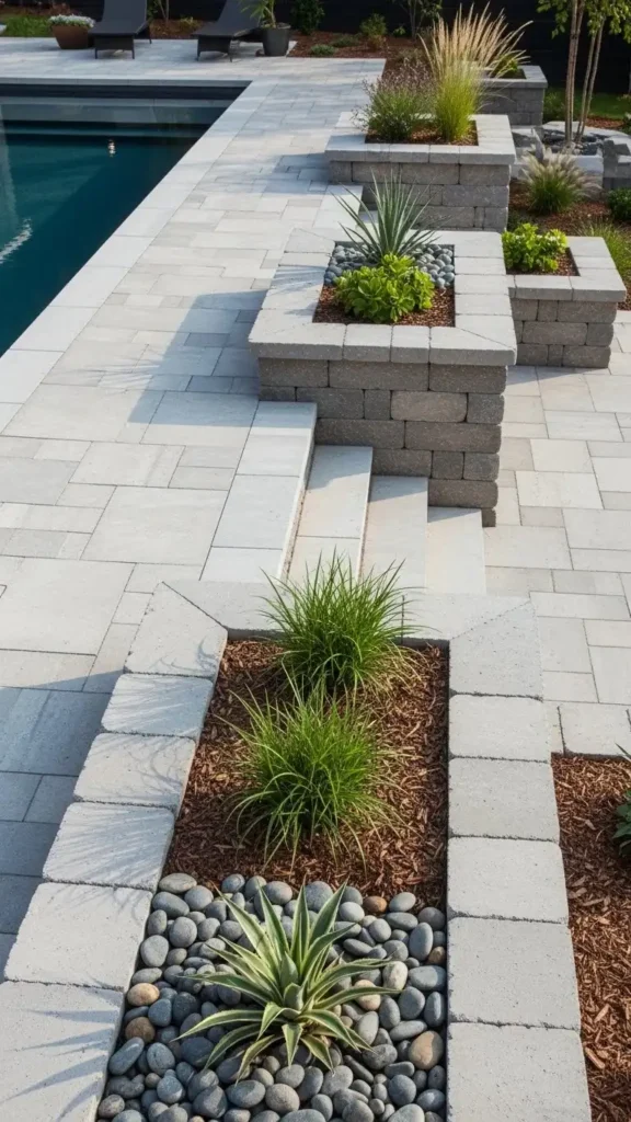 Pool Landscaping Ideas with hardscaping and stone pool deck