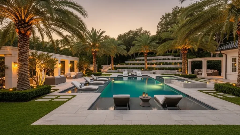 Pool Landscaping Ideas for a resort-style backyard with lush greenery and modern pool design