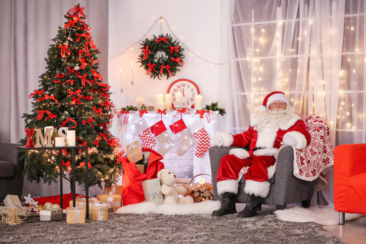 Red And White Christmas Tree Ideas with plaid ribbons, candy cane ornaments, and warm white lights in a cozy living room