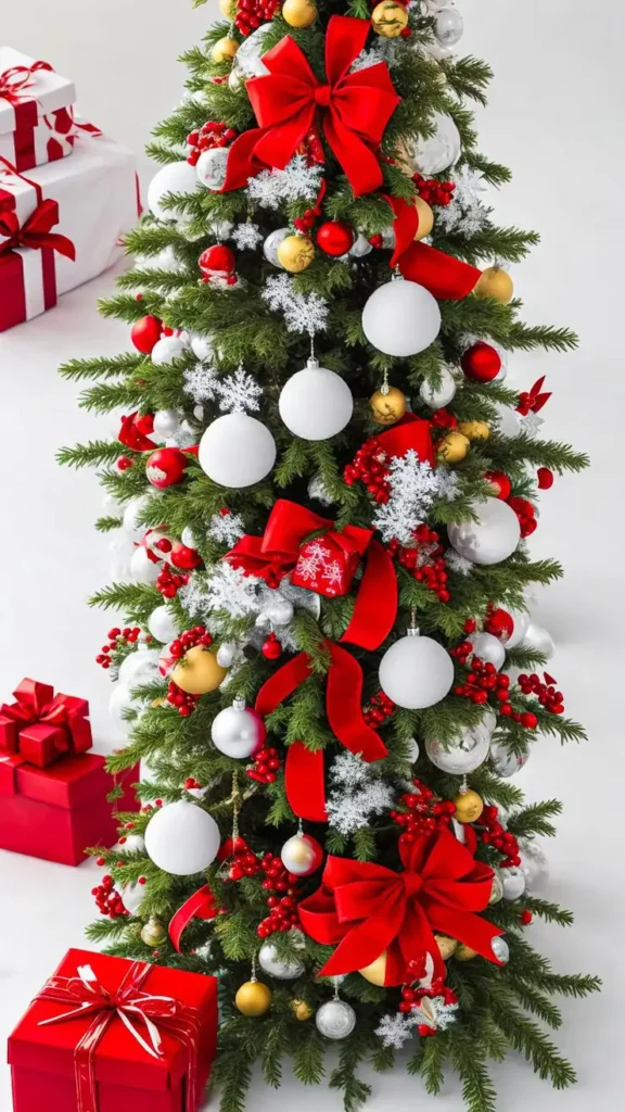 Red and white Christmas tree ideas with candy cane ornaments, snowflakes, and satin ribbons