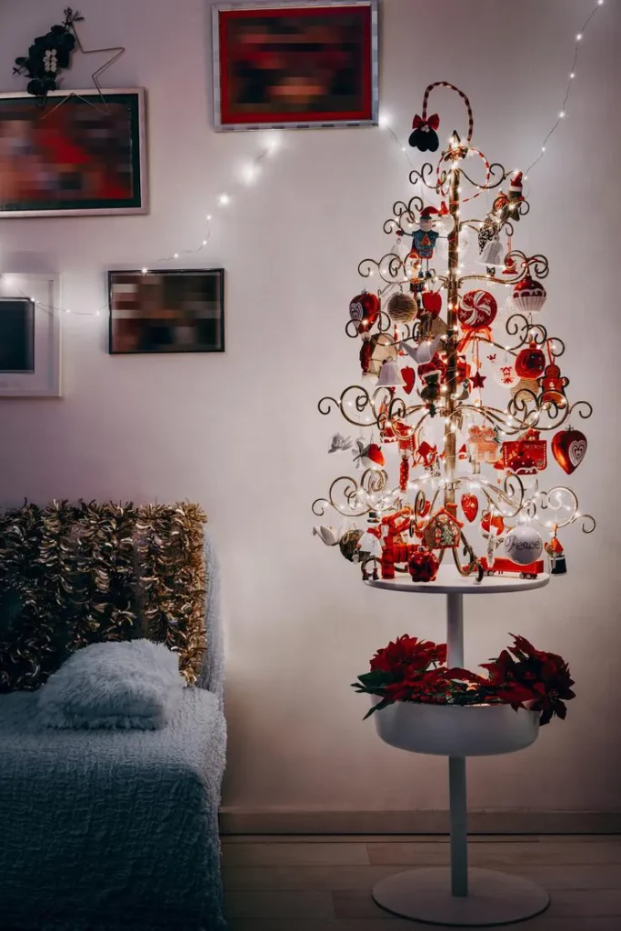 Trendy red and white Christmas tree ideas with candy cane ornaments and warm fairy lights