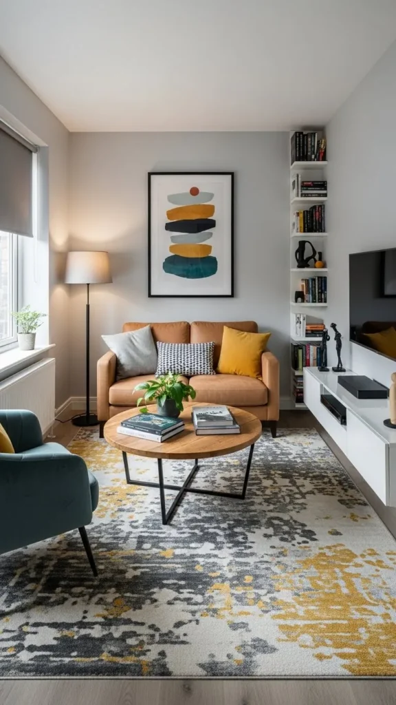 Small Living Room Ideas using area rugs for zoning
