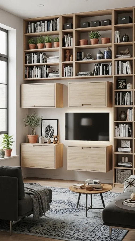Small Living Room Ideas with vertical storage solutions