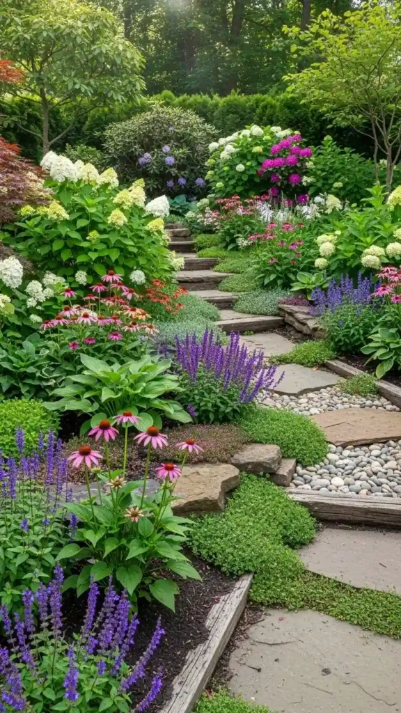 Yard Landscaping Ideas using layered plants and softscaping
