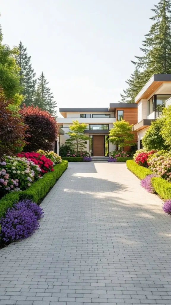 Driveway landscaping ideas with lush greenery and modern home exterior.