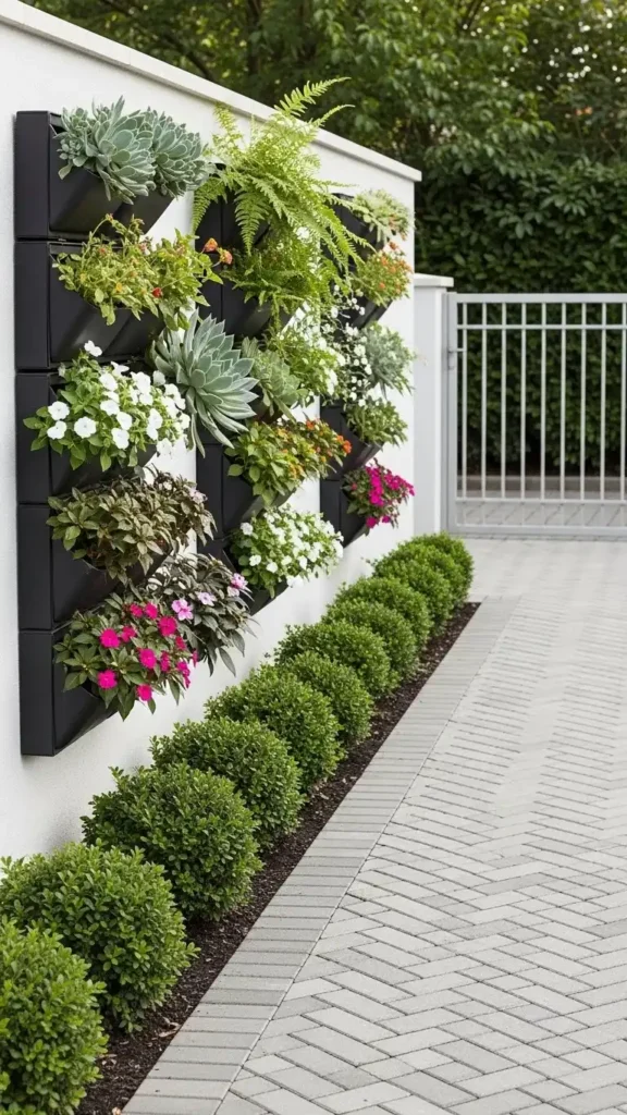 Small driveway landscaped with vertical plants and compact greenery.