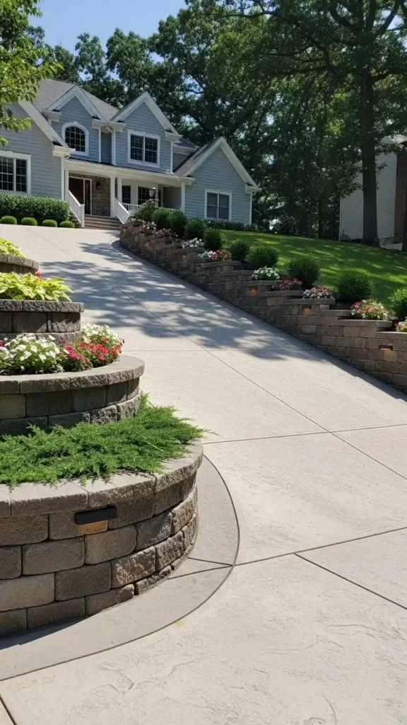 Sloped driveway with terraced landscaping and retaining walls.