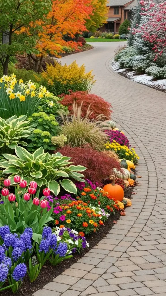 Driveway landscaped with seasonal plants and flowers throughout the year.