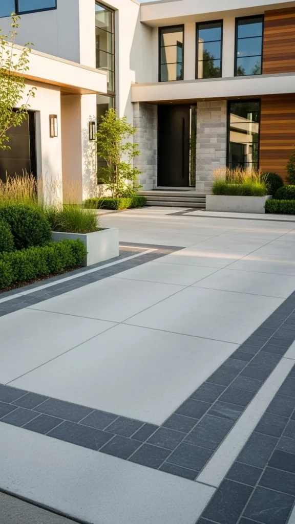 Modern driveway landscaping with pavers and minimalistic greenery.